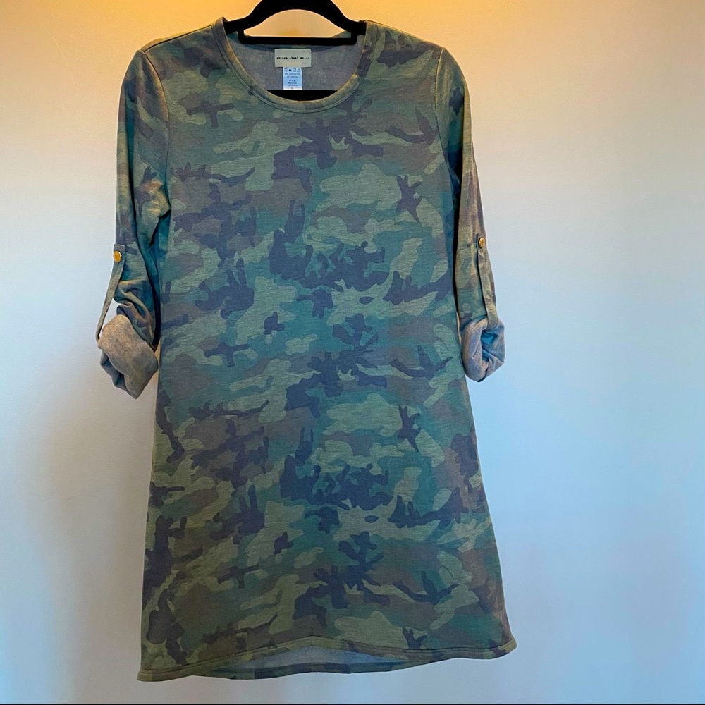 Enough About Me sweatshirt dress roll tab adjustable sleeve camo green small